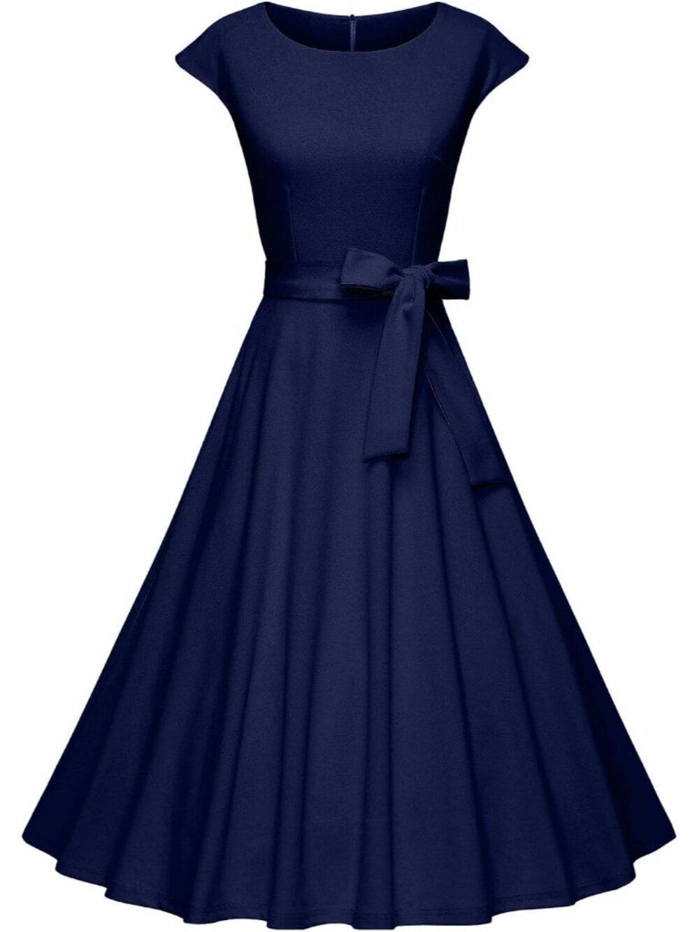 Women's Navy Vintage Cap Sleeves Modest Cocktail Swing Prom With Pockets Dress